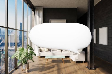 Pencereli lüks çatı katında havada yüzen arama kutusu metni; minimal iç mekan tasarımı; 3D Görüntü