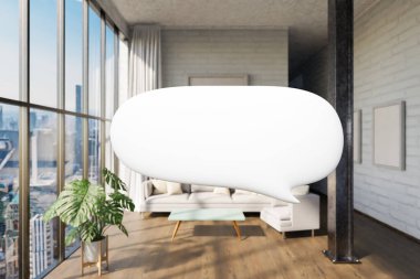 Pencereli lüks çatı katında havada yüzen arama kutusu metni; minimal iç mekan tasarımı; 3D Görüntü