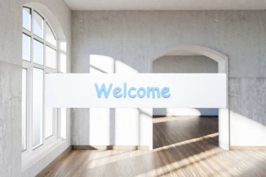 Arama kutusu metni, penceresi ve minimalist iç mekan tasarımı olan lüks bir çatı katında havada asılı duruyor.