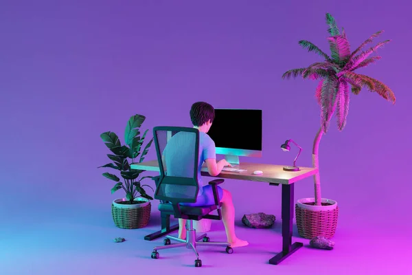 Hombre Sentado Lugar Trabajo Oficina Isla Tropical Fondo Infinito Concepto — Foto de Stock