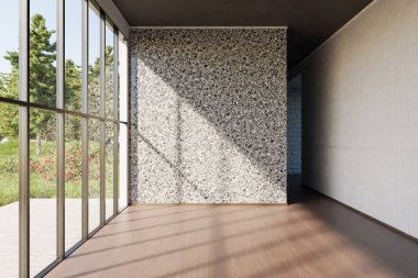 Lüks boş daire penceresi ve minimalist oturma odası tasarımı; 3D Görüntü