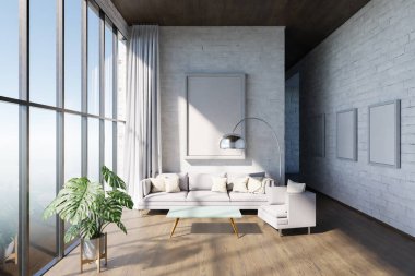 Lüks daire penceresi, minimal iç mekan oturma odası tasarımı, 3D Görüntü