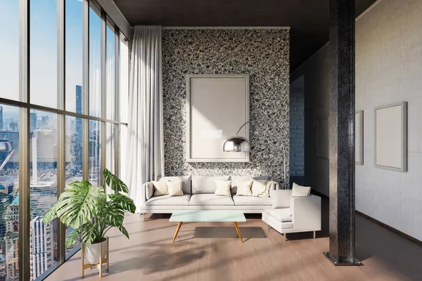 Luxuriöse Dachgeschosswohnung Fenster Minimalistisches Wohnzimmerdesign Illustration — Stockfoto