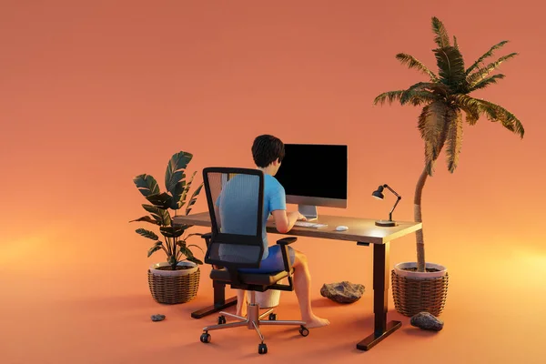 热带岛屿Pc办公室的男人 无限的背景 工作负荷压力耗尽的概念 3D说明 — 图库照片
