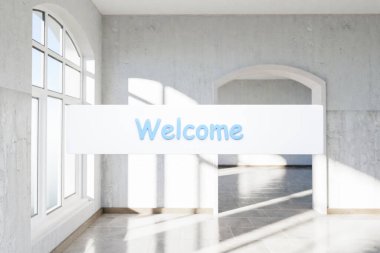 Arama kutusu metni, penceresi ve minimalist iç mekan tasarımı olan lüks bir çatı katında havada asılı duruyor.