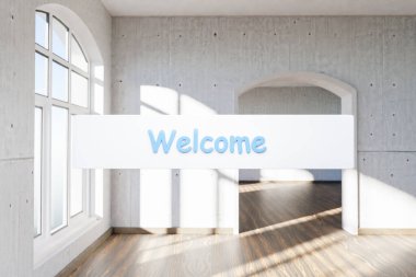 Arama kutusu metni, penceresi ve minimalist iç mekan tasarımı olan lüks bir çatı katında havada asılı duruyor.