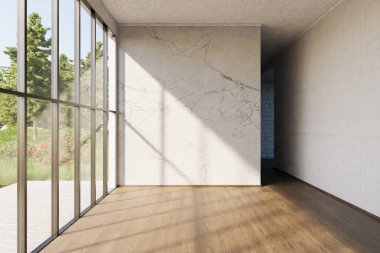 Lüks boş daire penceresi ve minimalist oturma odası tasarımı; 3D Görüntü