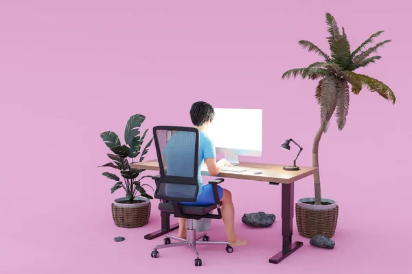 Человек Сидящий Компьютером Рабочем Месте Офисе Острове Остров Бесконечный Фон — стоковое фото