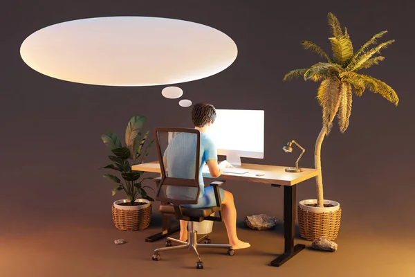 Hombre Sentado Lugar Trabajo Oficina Isla Tropical Fondo Infinito Concepto — Foto de Stock