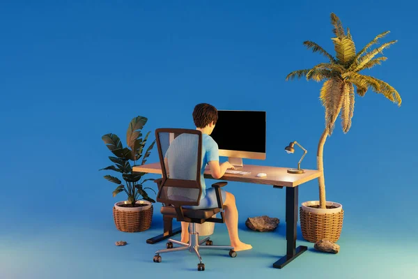 Man Sitter Kontor Arbetsplats Tropiska Oändlig Bakgrund Arbetsbelastning Stress Utbrändhet — Stockfoto
