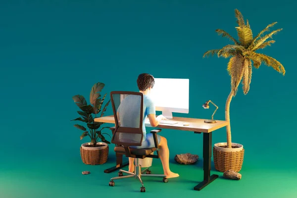 Человек Сидящий Компьютером Рабочем Месте Офисе Острове Остров Бесконечный Фон — стоковое фото