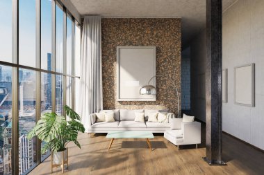 Lüks daire penceresi, minimal iç mekan oturma odası tasarımı, 3D Görüntü