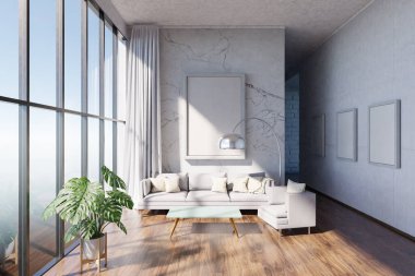 Lüks daire penceresi, minimal iç mekan oturma odası tasarımı, 3D Görüntü