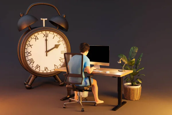 男子坐在Pc办公室工作场所无限的背景下与闹钟 工作量压力耗尽的概念 3D说明 — 图库照片