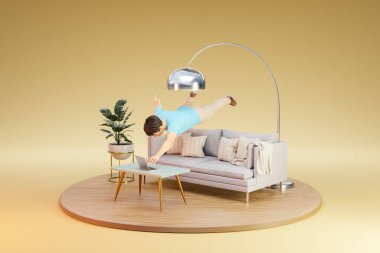 Havada yüzen iş adamı bilgisayar ekranına çekiliyor; stres daldırma ve sanal gerçeklik kavramı; sonsuz arkaplanda izole edilmiş oturma odası; 3D illüstrasyon