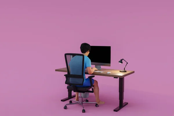 Pcの職場に座っている男は無限の背景で仕事量のストレス燃焼概念3Dイラスト — ストック写真