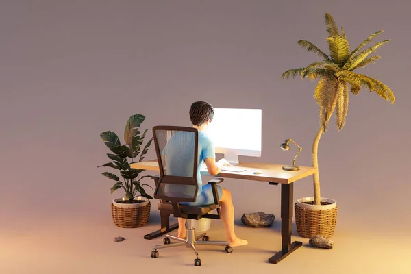 Man Sitter Kontor Arbetsplats Tropiska Oändlig Bakgrund Arbetsbelastning Stress Utbrändhet — Stockfoto