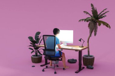 adam tropik adadaki bilgisayar ofisinde çalışıyor; sonsuz altyapı; iş yükü tükenme kavramı; 3D İllüstrasyon