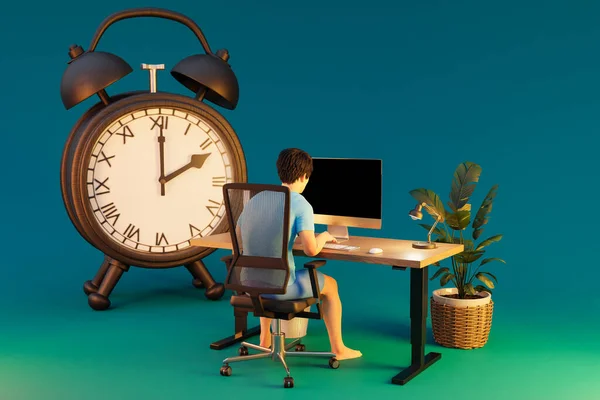 Hombre Sentado Lugar Trabajo Oficina Fondo Infinito Con Campana Reloj — Foto de Stock