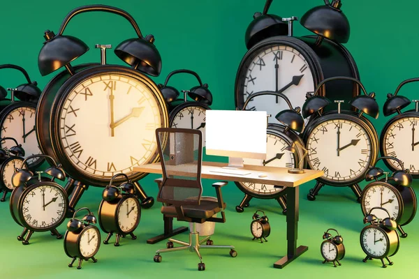 巨大な目覚まし時計ベルに囲まれた無限の背景にオフィスの職場に座っている男 ワークロードストレスバーンアウトコンセプト 3Dイラスト — ストック写真