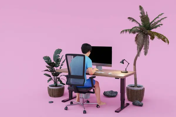 Man Sitting Office Workplace Tropical Island Infinite Background Workload Stress — Stock Photo, Image