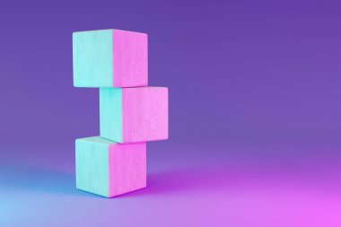 Sonsuz arkaplanda üç küp tahta yığını; güzellik için kaide, ürün sunumu. Boşluk şablonunu kopyala, 3B Resim