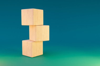 Sonsuz arkaplanda üç küp tahta yığını; güzellik için kaide, ürün sunumu. Boşluk şablonunu kopyala, 3B Resim