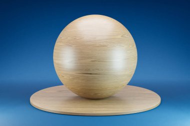 Arkaplanda küre topu olan ahşap podyum; güzellik kaidesi, kozmetik ürün sunumu. Boşluk şablonunu kopyala, 3B Resim