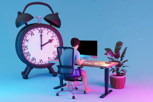 Mann Sitzt Büroarbeitsplatz Auf Unendlichem Hintergrund Mit Weckerklingeln Workload Stress — Stockfoto