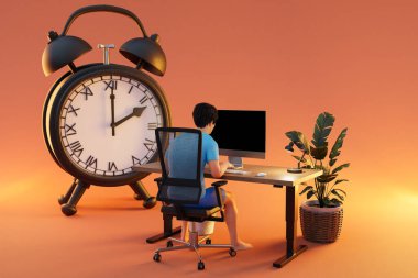 adam sonsuz arkaplanda, bilgisayarın çalışma odasında çalar saat zili ile oturuyor; iş yükü yanma kavramı; 3B İllüstrasyon