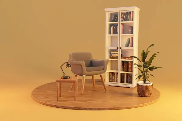 armchair in clean comfortable reading corner; white bookshelf on wooden podest and infinite background; 3D rendering