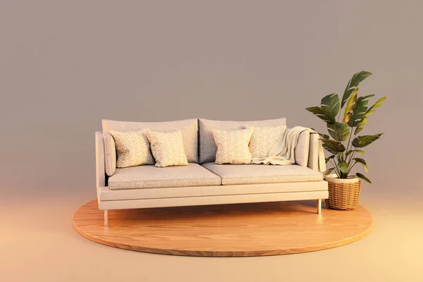cozy couch and green plant on wooden podest on infinite background; cozy relaxation home living room concept; 3D rendering