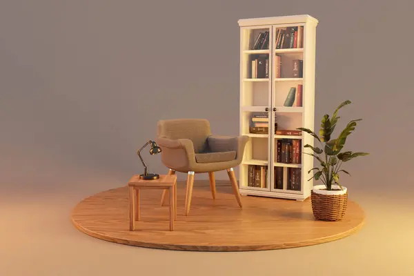 armchair in clean comfortable reading corner; white bookshelf on wooden podest and infinite background; 3D rendering