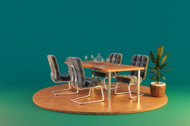 yemek odası iç tasarımı podest ve sonsuz arkaplan izole; 3B görüntüleme