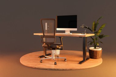 ayarlanabilir yüksekliği, sandalye ve bitkisi ahşap zemin diskinde olan ahşap masadaki modern temiz çalışma alanı; sonsuz arkaplan; 3D görüntüleme;