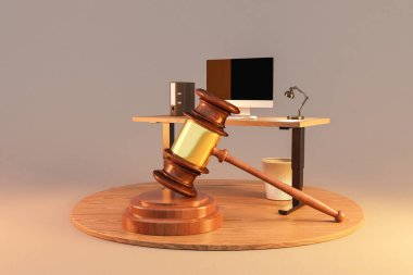 devasa yargıç çekici masadaki modern pc internet çalışma alanının önünde duruyor; sonsuz arkaplan; 3D görüntüleme
