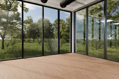 PC çalışma alanları ve kapalı bitkileri olan modern çağdaş ofis dikey bahçe; panoramik manzara kırsal manzara; sürdürülebilirlik çalışma ortamı; 3D görüntüleme