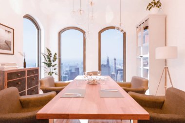 modern yemek ve oturma odası iç mimarisi; kırsal tasarım; parlak güneş ışığı içeri; 3D görüntüleme