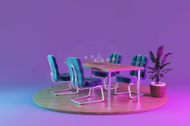 yemek odası iç tasarımı podest ve sonsuz arkaplan izole; 3B görüntüleme