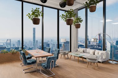 PC çalışma alanları ve kapalı bitkileri olan modern çağdaş ofis dikey bahçe; panoramik manzara kırsal manzara; sürdürülebilirlik çalışma ortamı; 3D görüntüleme