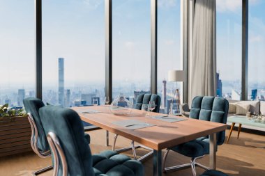 Kanepesi, yemek masası ve ev bitkileri dikey bahçeli modern çağdaş çatı katı; panoramik manzara kırsal manzara; sürdürülebilirlik çalışma ortamı; 3D görüntüleme