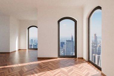 Zeminden tavana pencereleri ve panoramik manzaralı boş lüks çatı katı dairesi; minimal iç tasarım; parlak gün ışığı; 3D görüntüleme