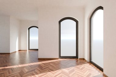 Zeminden tavana pencereleri ve panoramik manzaralı boş lüks çatı katı dairesi; minimal iç tasarım; parlak gün ışığı; 3D görüntüleme