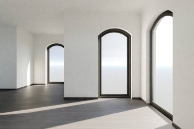 Zeminden tavana pencereleri ve panoramik manzaralı boş lüks çatı katı dairesi; minimal iç tasarım; parlak gün ışığı; 3D görüntüleme