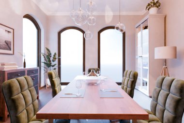 Zeminden tavana pencereleri ve panoramik manzaralı lüks çatı katı dairesi; oturma odası ve yemek odası alanının minimal iç tasarımı; aydınlık gün ışığı; 3D görüntüleme