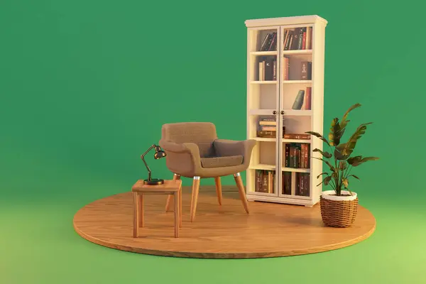 armchair in clean comfortable reading corner; white bookshelf on wooden podest and infinite background; 3D rendering