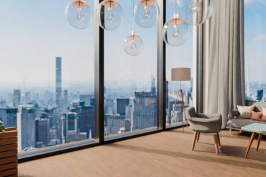 PC çalışma alanları ve kapalı bitkileri olan modern çağdaş ofis dikey bahçe; panoramik manzara kırsal manzara; sürdürülebilirlik çalışma ortamı; 3D görüntüleme