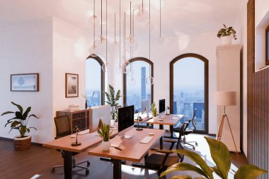 Zeminden tavana pencereleri ve panoramik manzaralı lüks çatı katı dairesi; çalışma alanı ofis alanının modern minimalist iç tasarımı; parlak gün ışığı; 3D görüntüleme