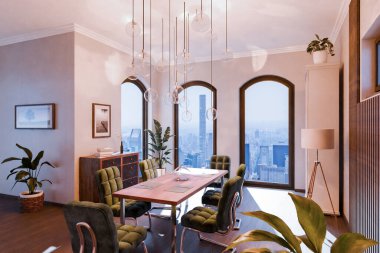 Zeminden tavana pencereleri ve panoramik manzaralı lüks çatı katı dairesi; oturma odası ve yemek odası alanının minimal iç tasarımı; aydınlık gün ışığı; 3D görüntüleme