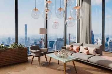 PC çalışma alanları ve kapalı bitkileri olan modern çağdaş ofis dikey bahçe; panoramik manzara kırsal manzara; sürdürülebilirlik çalışma ortamı; 3D görüntüleme